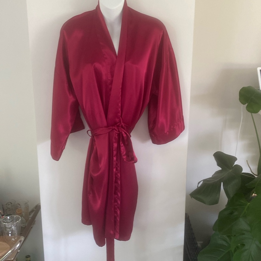 Vintage LA SENZA LINGERIE satin robe chemise dressing gown red pink raspberry